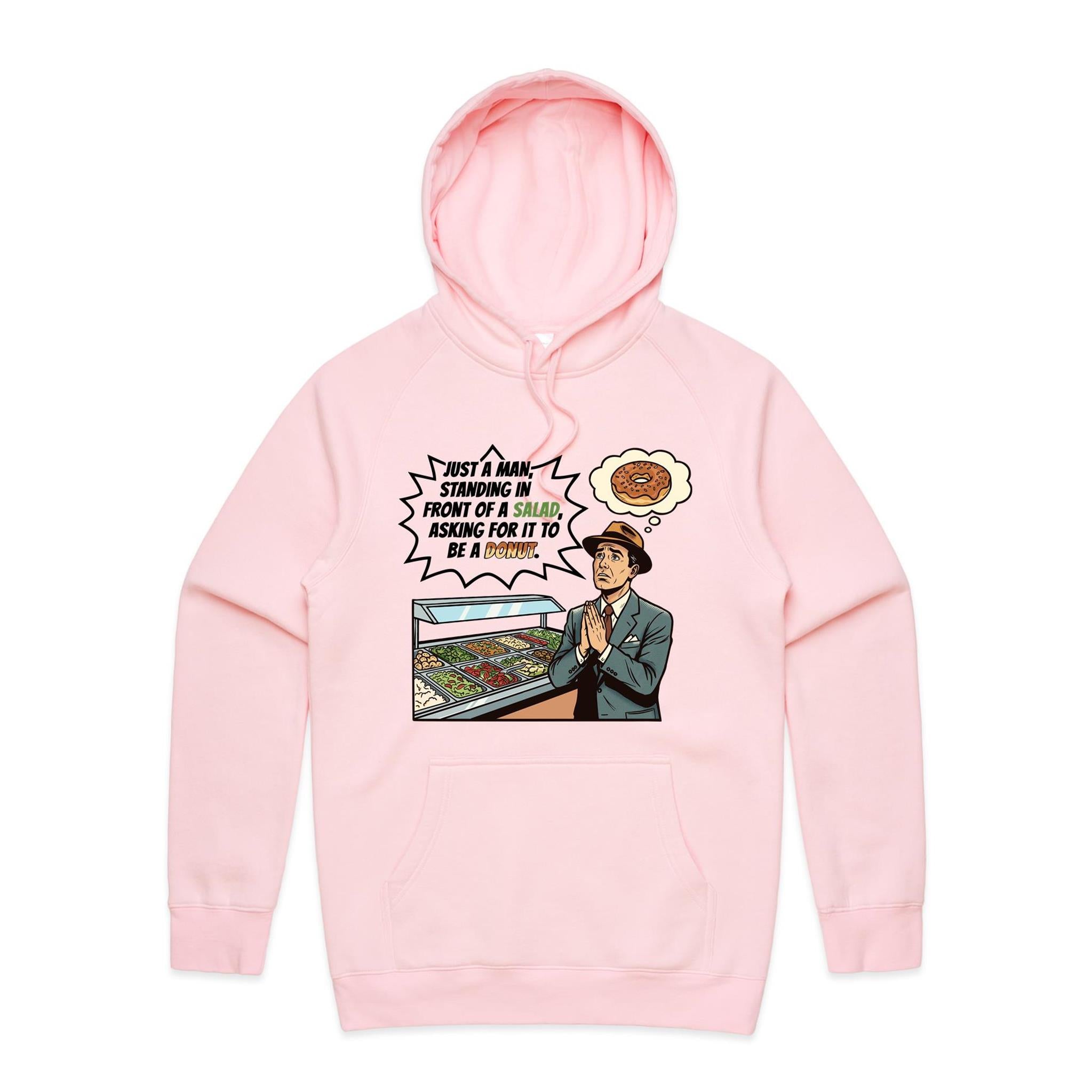 Just A Man Standing In Front Of A Salad Men's AS Colour Hoodie Pink Mens Hoodie Food Printed In Australia