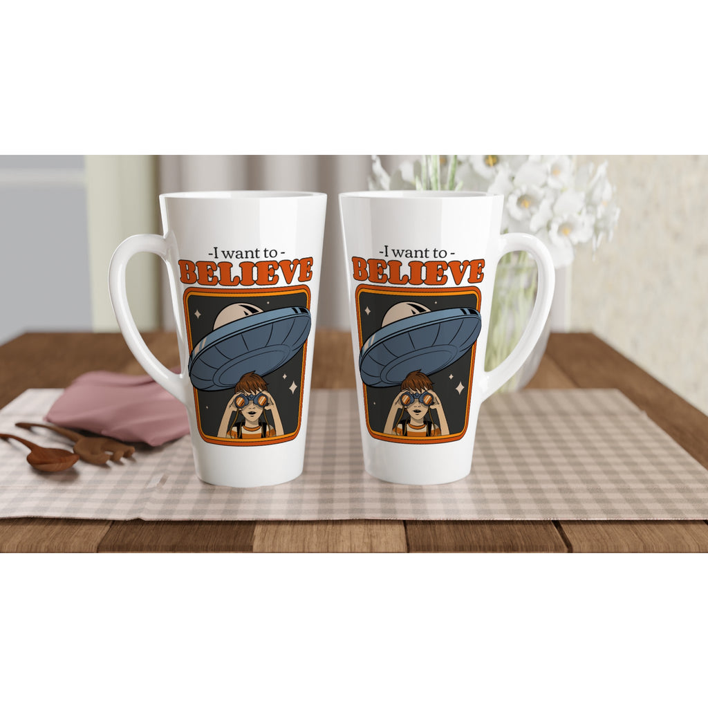UFO, I Want To Believe - White Latte 17oz Ceramic Mug Latte Mug Globally Fulfilled Retro Sci Fi
