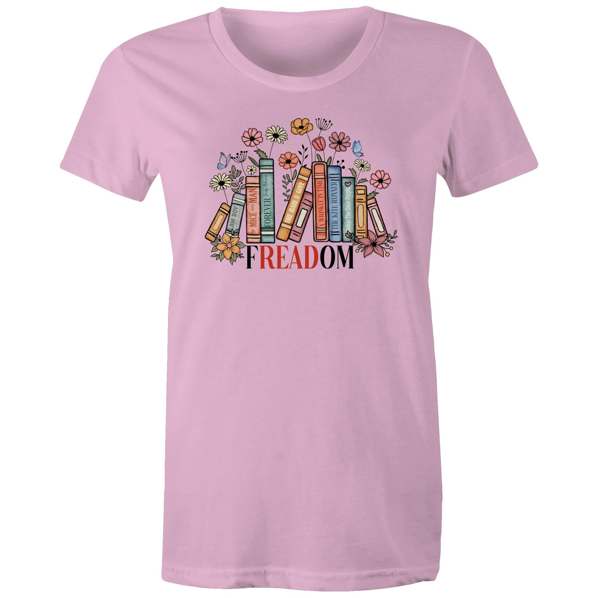 Freedom, Reading Books - Womens T-shirt Pink Womens T-shirt Printed In Australia Reading