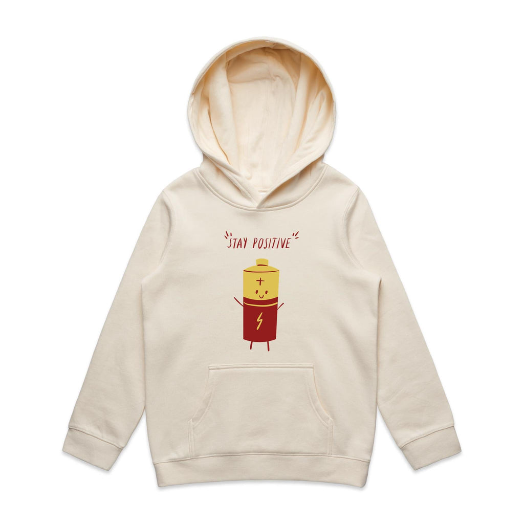 Stay Positive, Battery - Kids Hoodie Ecru Kids Hoodie Printed In Australia