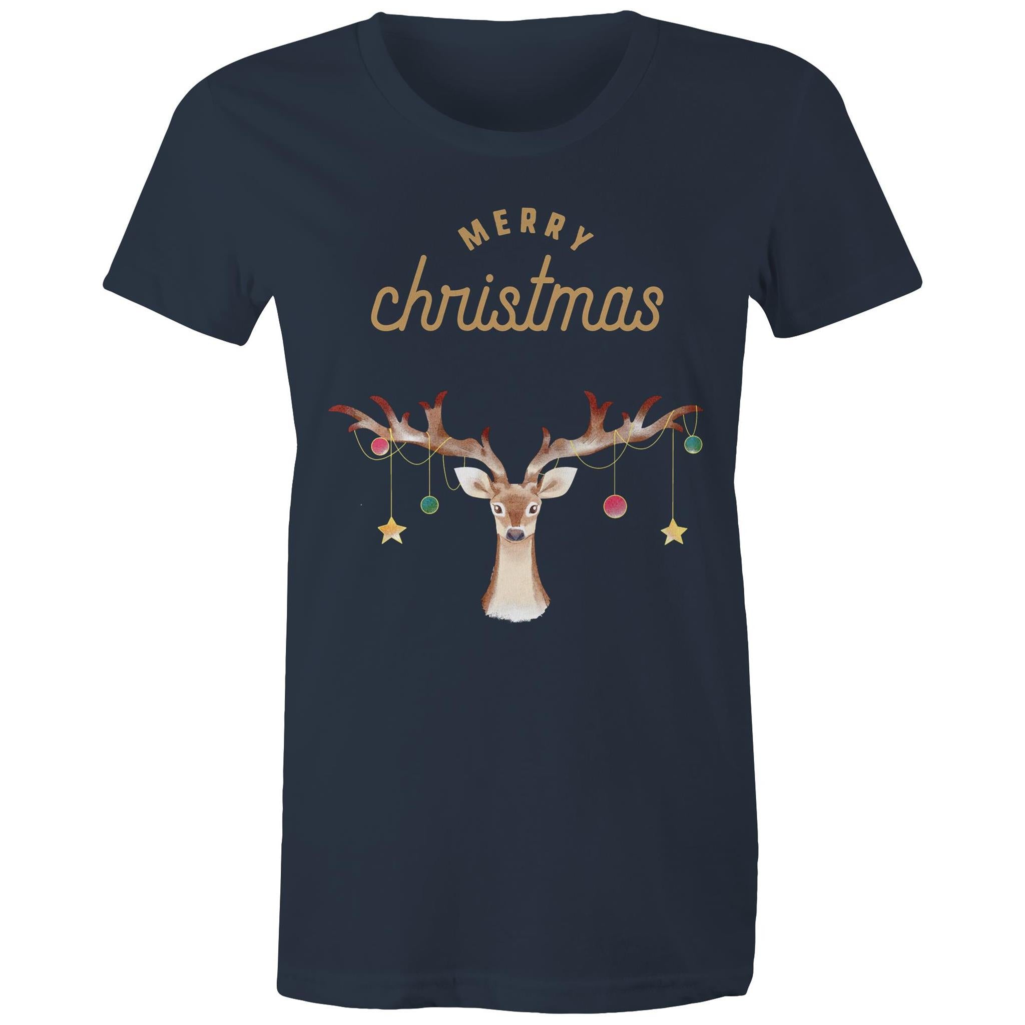Merry Christmas Reindeer - Womens T-shirt Navy Womens Christmas T-shirt Christmas Printed In Australia