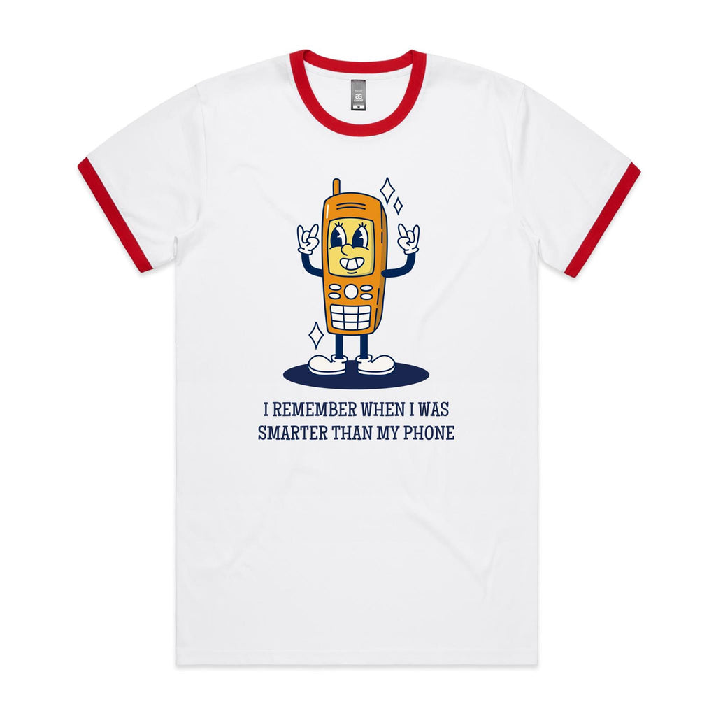 I Remember When I Was Smarter Than My Phone - Staple Ringer Tee White Red Ringer T-Shirt Printed In Australia Tech