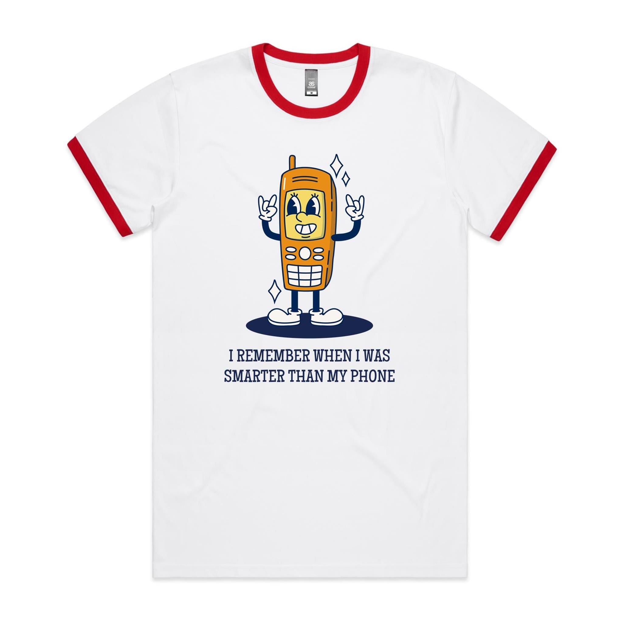 I Remember When I Was Smarter Than My Phone - Staple Ringer Tee White Red Ringer T-Shirt Printed In Australia Tech