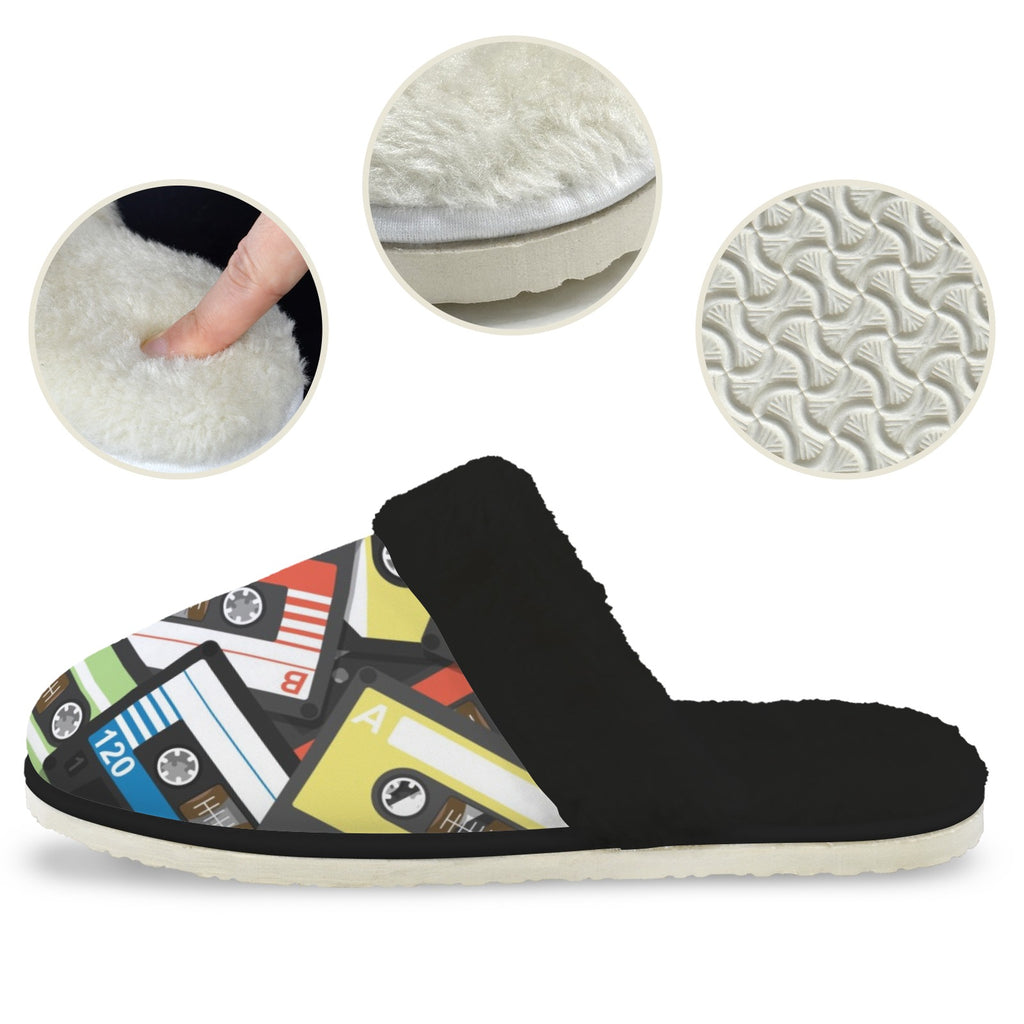 Cassette Tapes Men's Fur Trim Thick-Sole Indoor Slippers Men's Fur Trimmed Slippers Music Printed Offshore