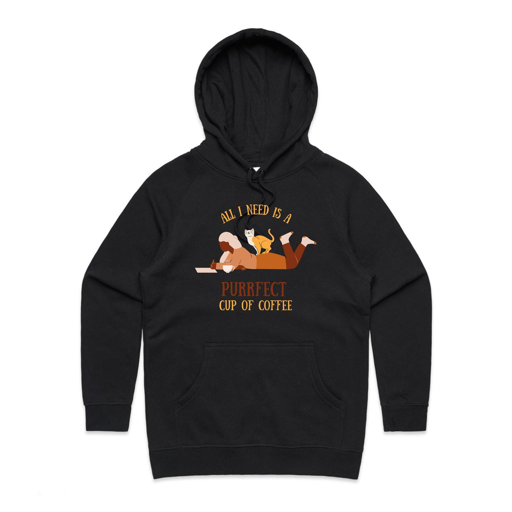 All I Need Is A Purrfect Cup Of Coffee, Cat - Womens Hoodie Black Womens Hoodie animal Coffee Printed In Australia