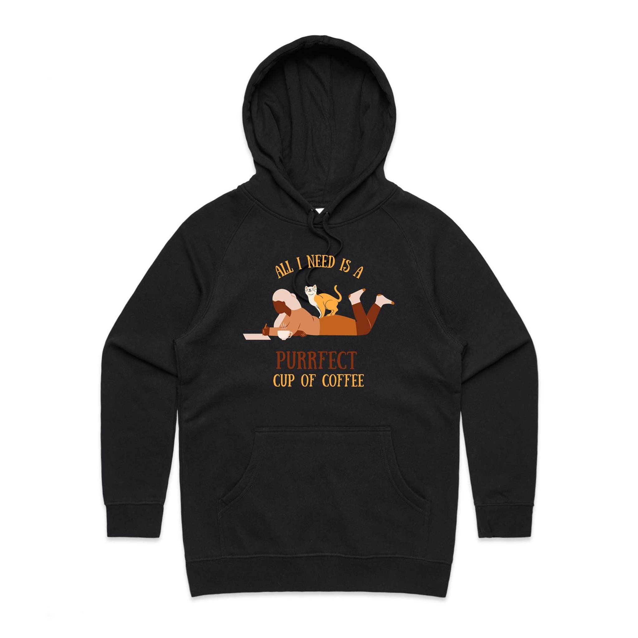 All I Need Is A Purrfect Cup Of Coffee, Cat - Womens Hoodie Black Womens Hoodie animal Coffee Printed In Australia