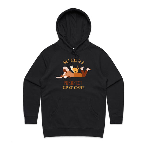 All I Need Is A Purrfect Cup Of Coffee, Cat - Womens Hoodie Black Womens Hoodie animal Coffee Printed In Australia