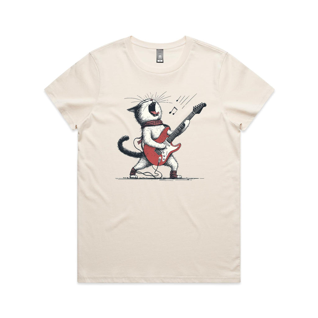 Cat Playing Guitar Women's AS Colour T-shirt Ecru Womens T-shirt animal Music Printed In Australia