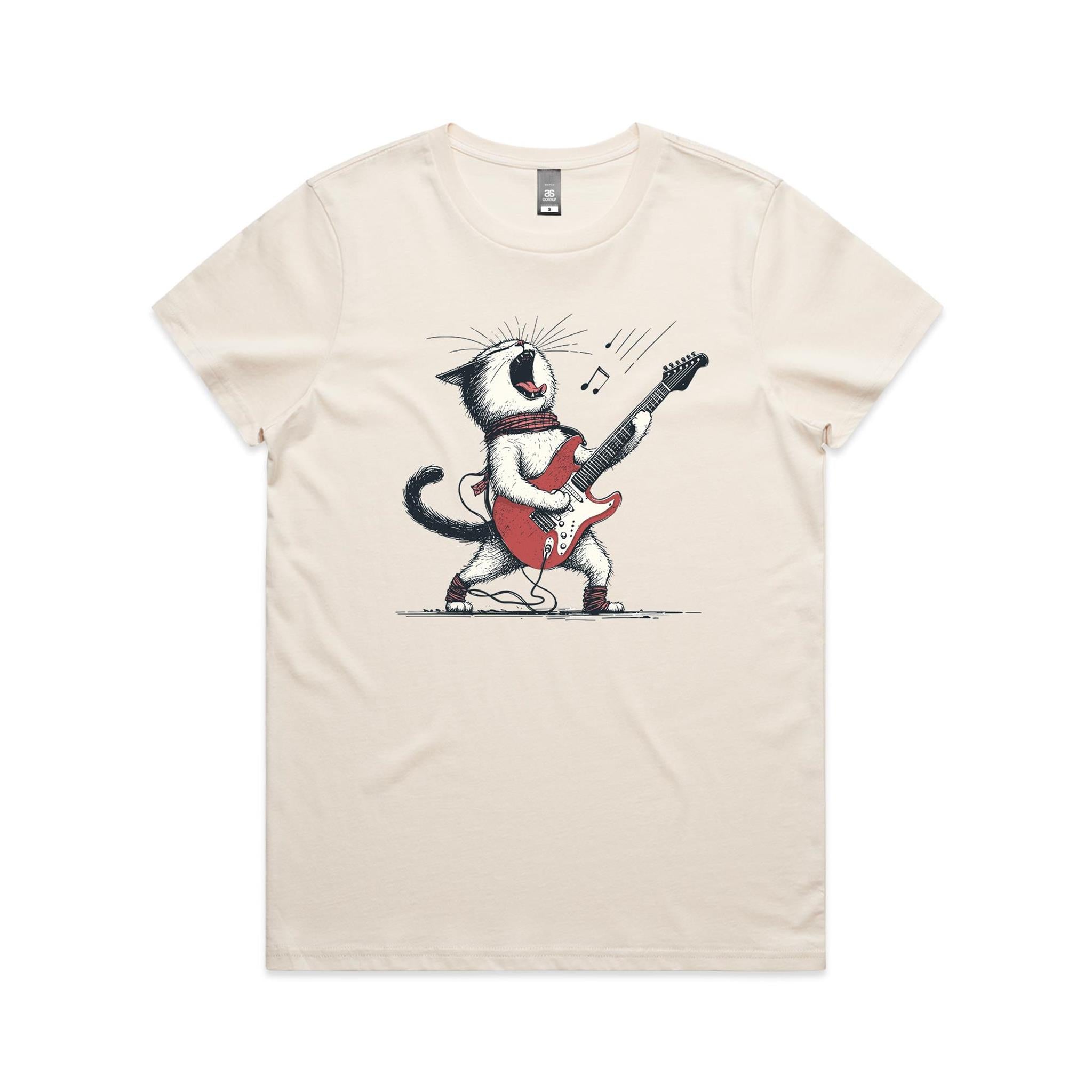 Cat Playing Guitar Women's AS Colour T-shirt Ecru Womens T-shirt animal Music Printed In Australia
