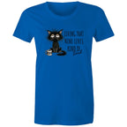 Living That nine Lives Kind Of Tired, Frazzled Cat - Womens T-shirt Bright Royal Womens T-shirt animal Coffee Printed In Australia