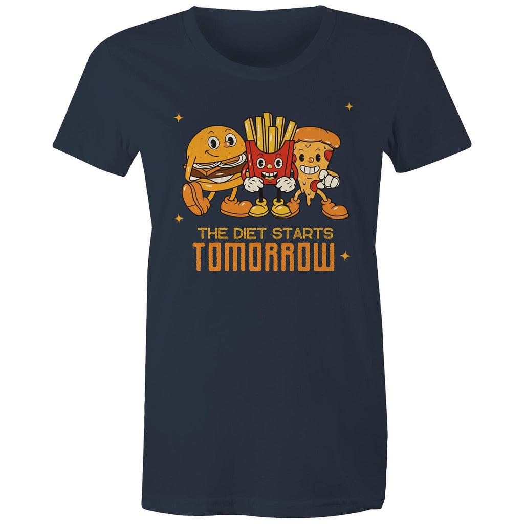 The Diet Starts Tomorrow, Hamburger, Fries, Pizza - Womens T-shirt Navy Womens T-shirt Food Printed In Australia