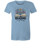Reading Is My Therapy - Womens T-shirt Carolina Blue Womens T-shirt Printed In Australia Reading