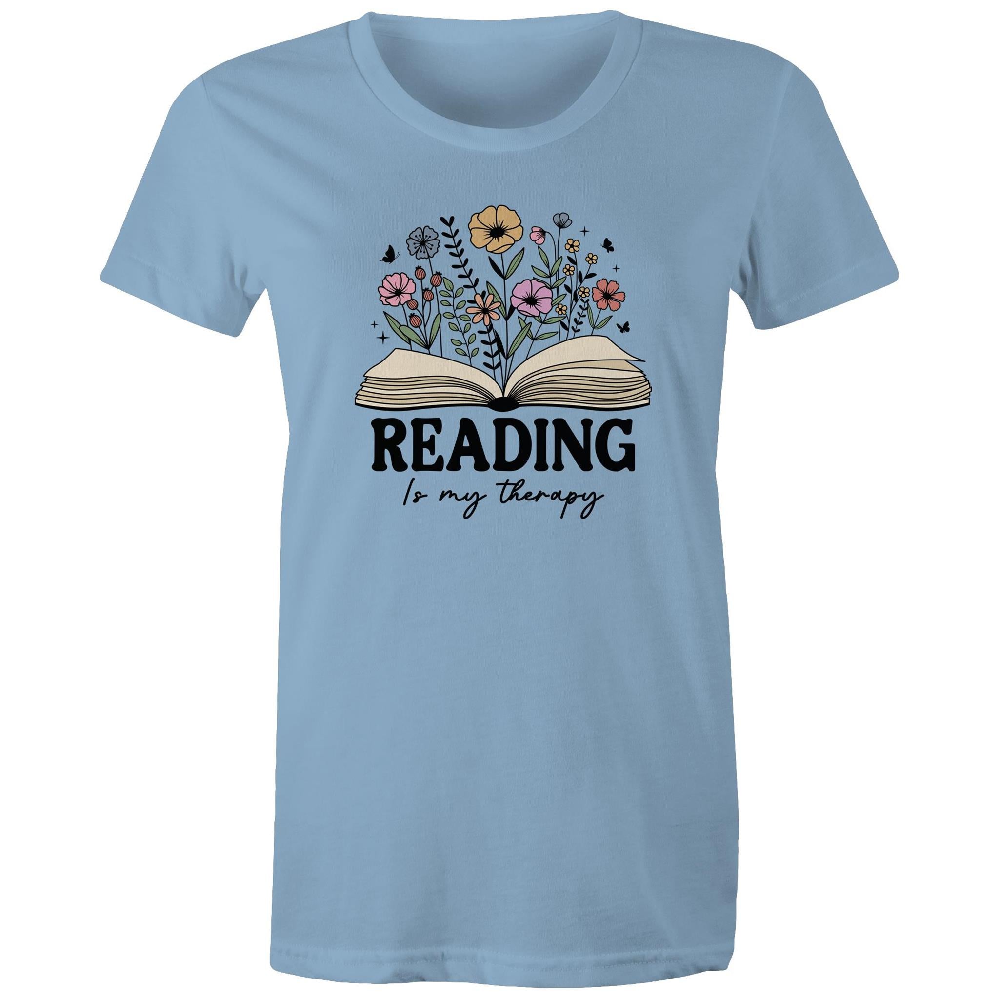 Reading Is My Therapy - Womens T-shirt Carolina Blue Womens T-shirt Printed In Australia Reading