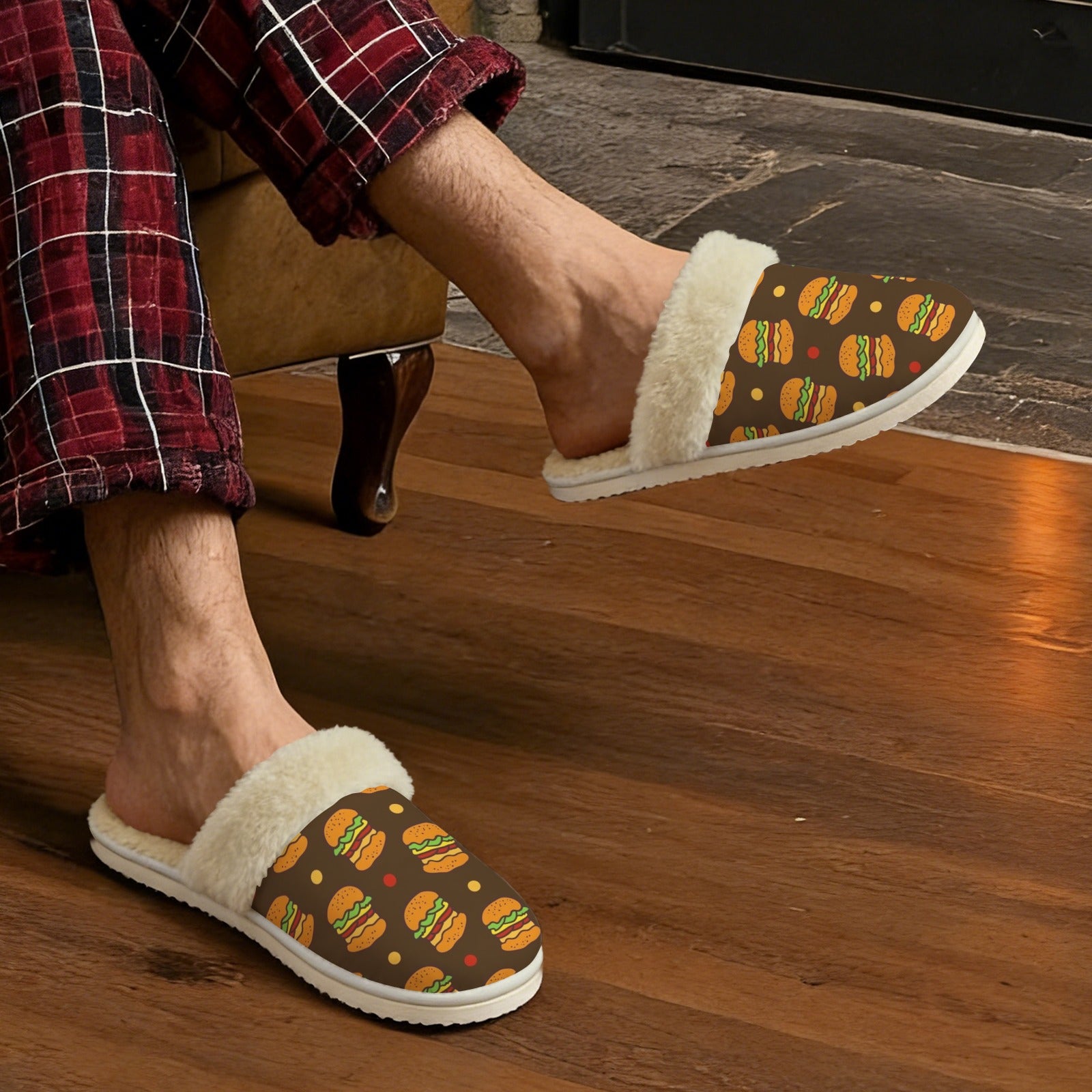 Burgers Men's Fur Trim Thick-Sole Indoor Slippers Men's Fur Trimmed Slippers Food Printed Offshore