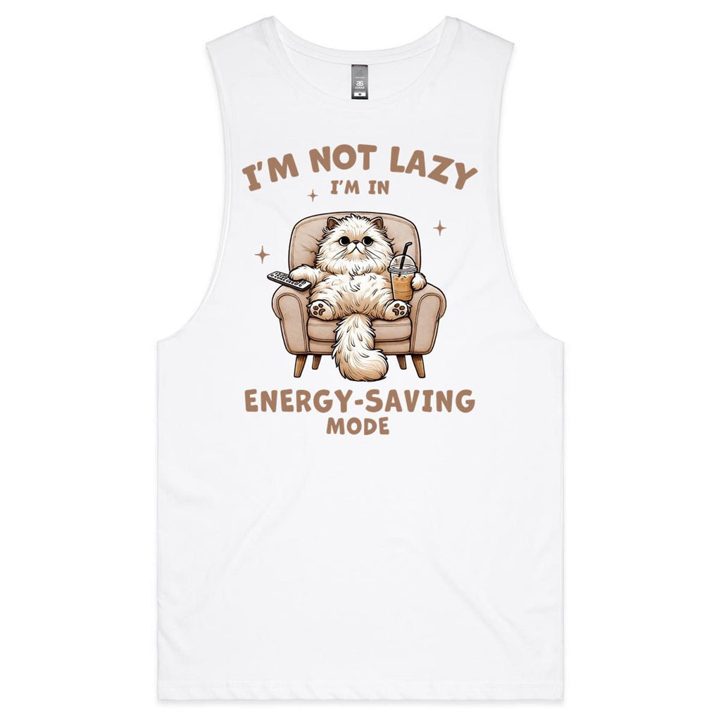 I'm Not Lazy, I'm In Energy Saving Mode, Cat Mens Men's AS Colour Drop Arm Tank Top White Drop Arm Tank Top animal Printed In Australia