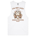 I'm Not Lazy, I'm In Energy Saving Mode, Cat Mens Men's AS Colour Drop Arm Tank Top White Drop Arm Tank Top animal Printed In Australia