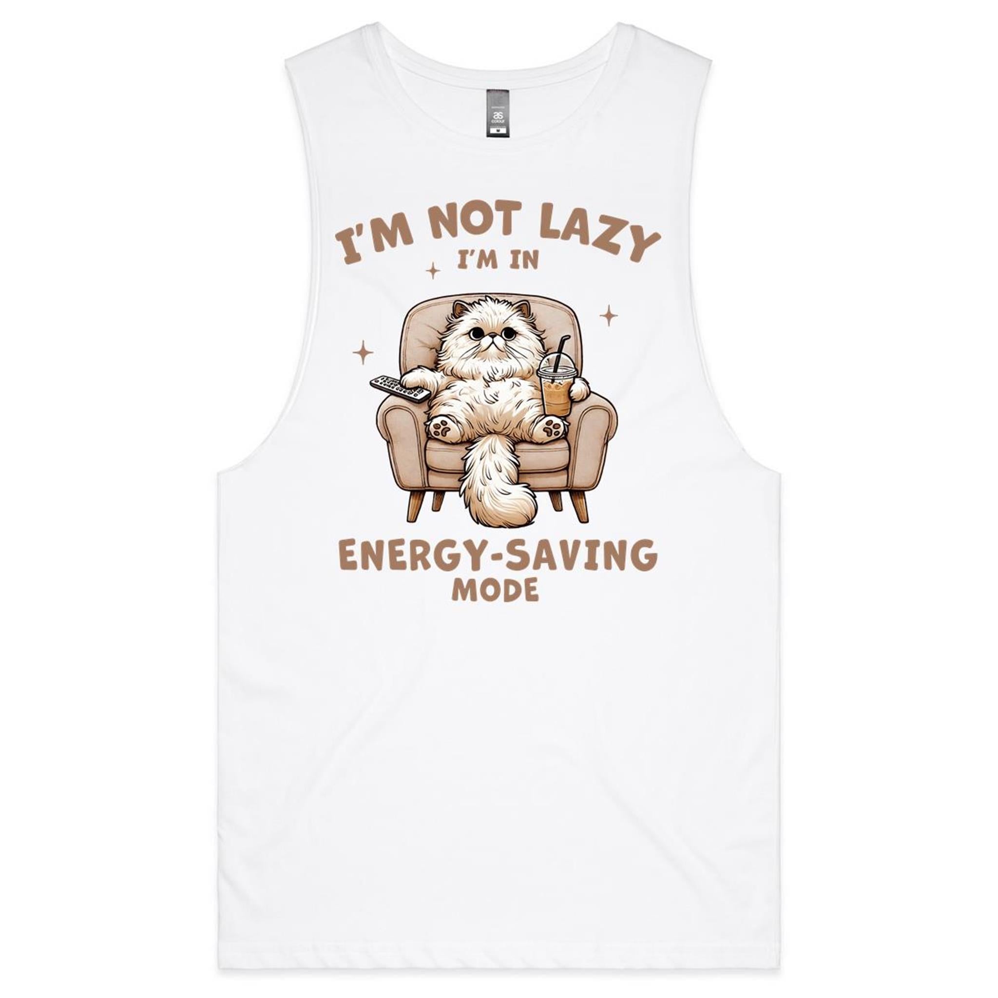I'm Not Lazy, I'm In Energy Saving Mode, Cat - Mens Tank Top Tee White Drop Arm Tank Top animal Printed In Australia
