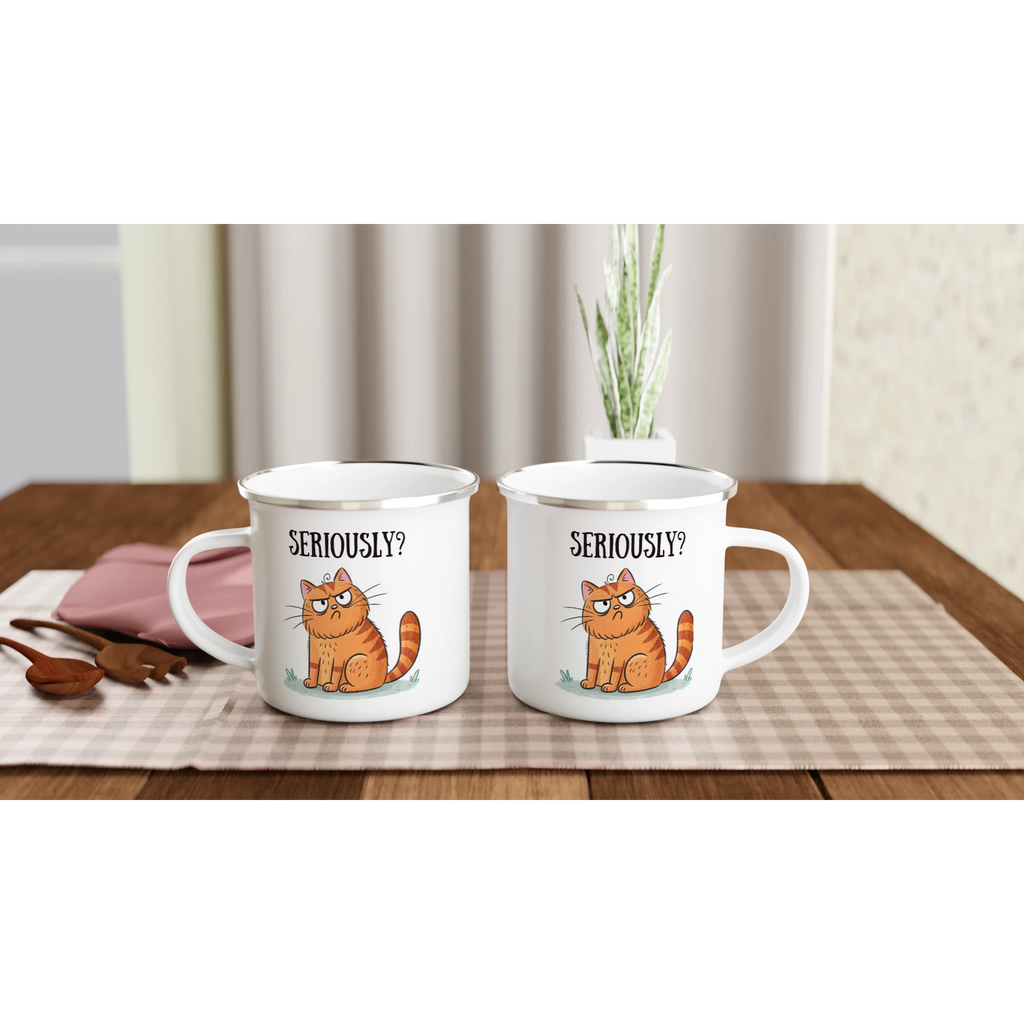Cat Seriously? - White 12oz Enamel Mug Enamel Mug animal Globally Fulfilled