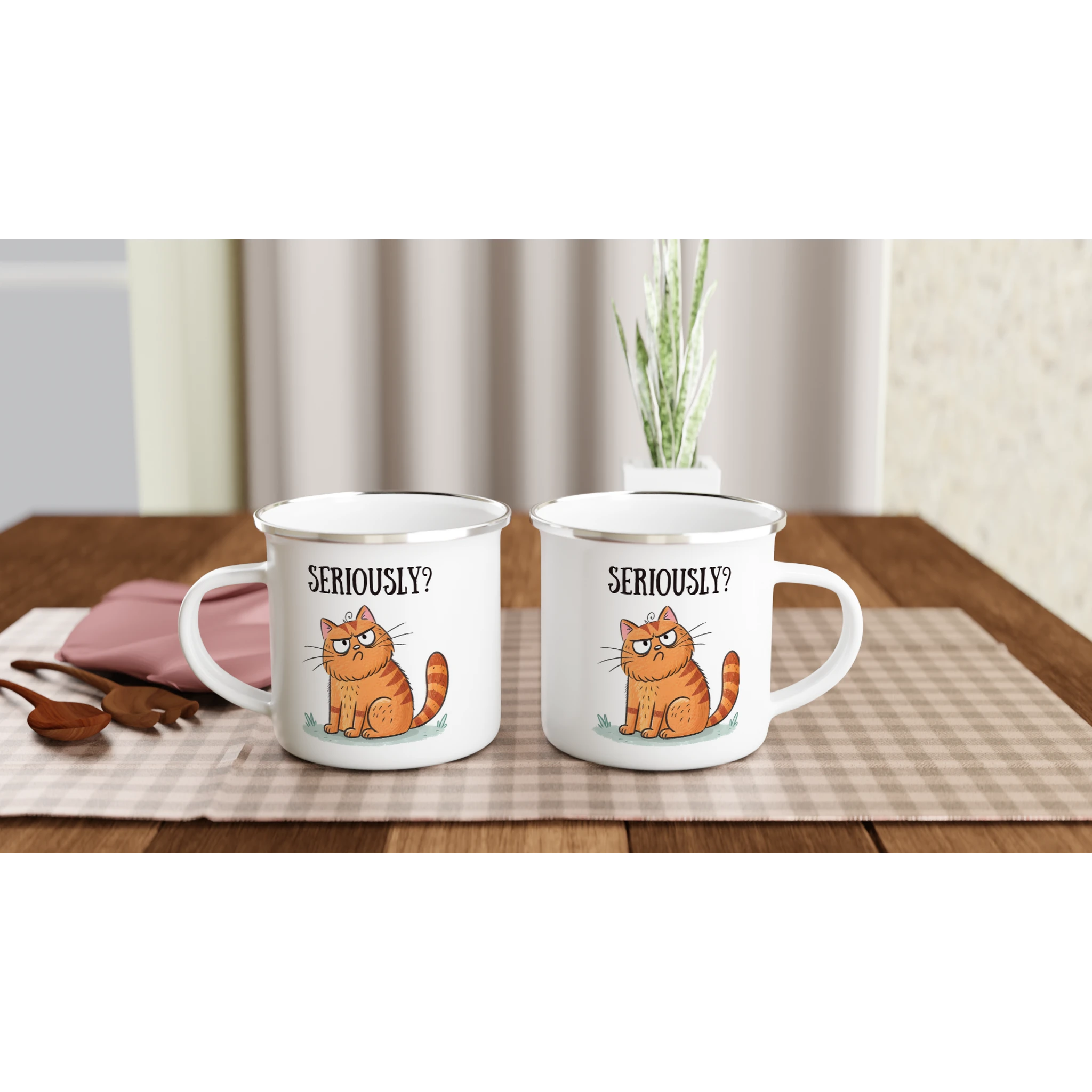 Cat Seriously? - White 12oz Enamel Mug Enamel Mug animal Globally Fulfilled