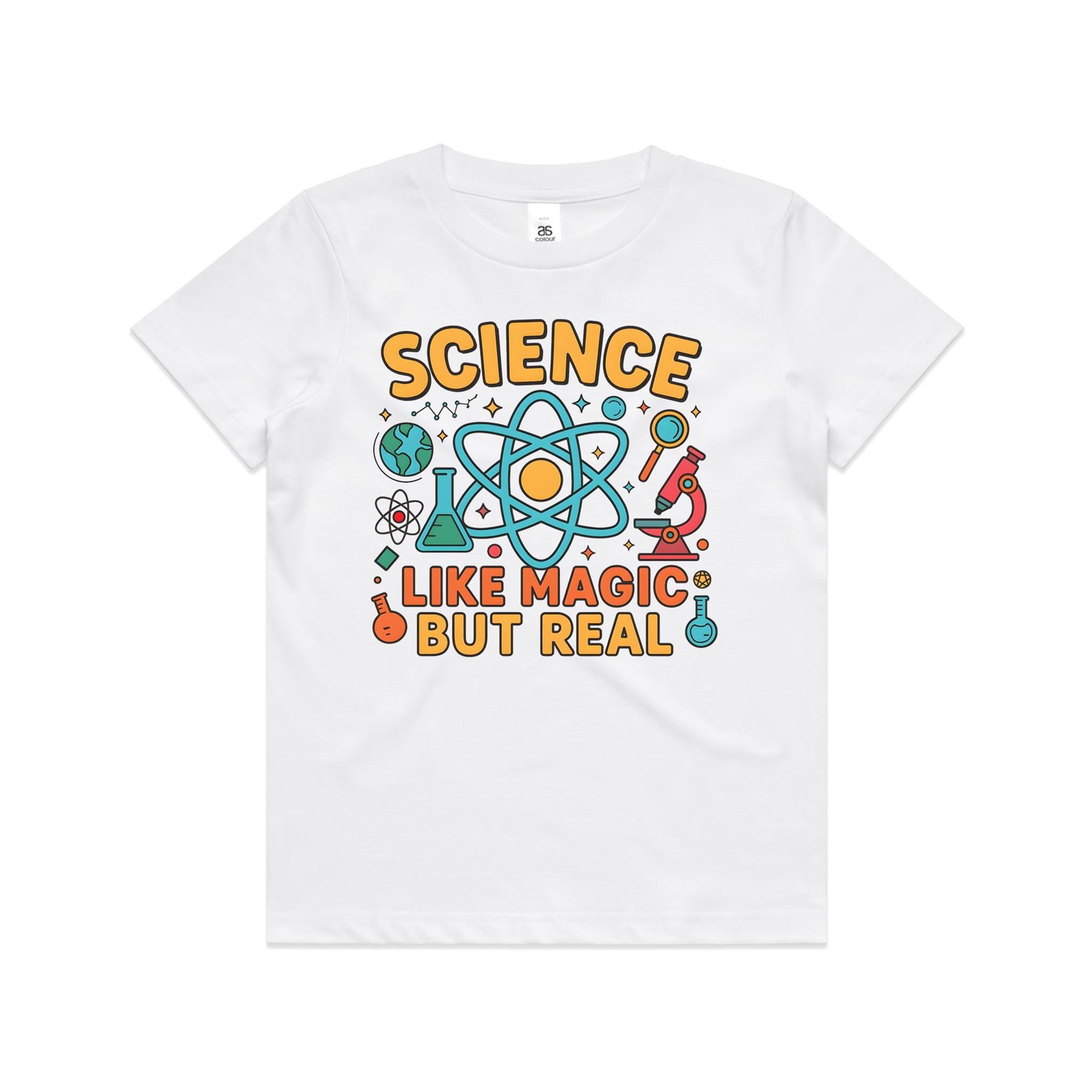 Science, Like Magic But Real Kid's AS Colour T-shirt White Kids Youth T-shirt Printed In Australia Science
