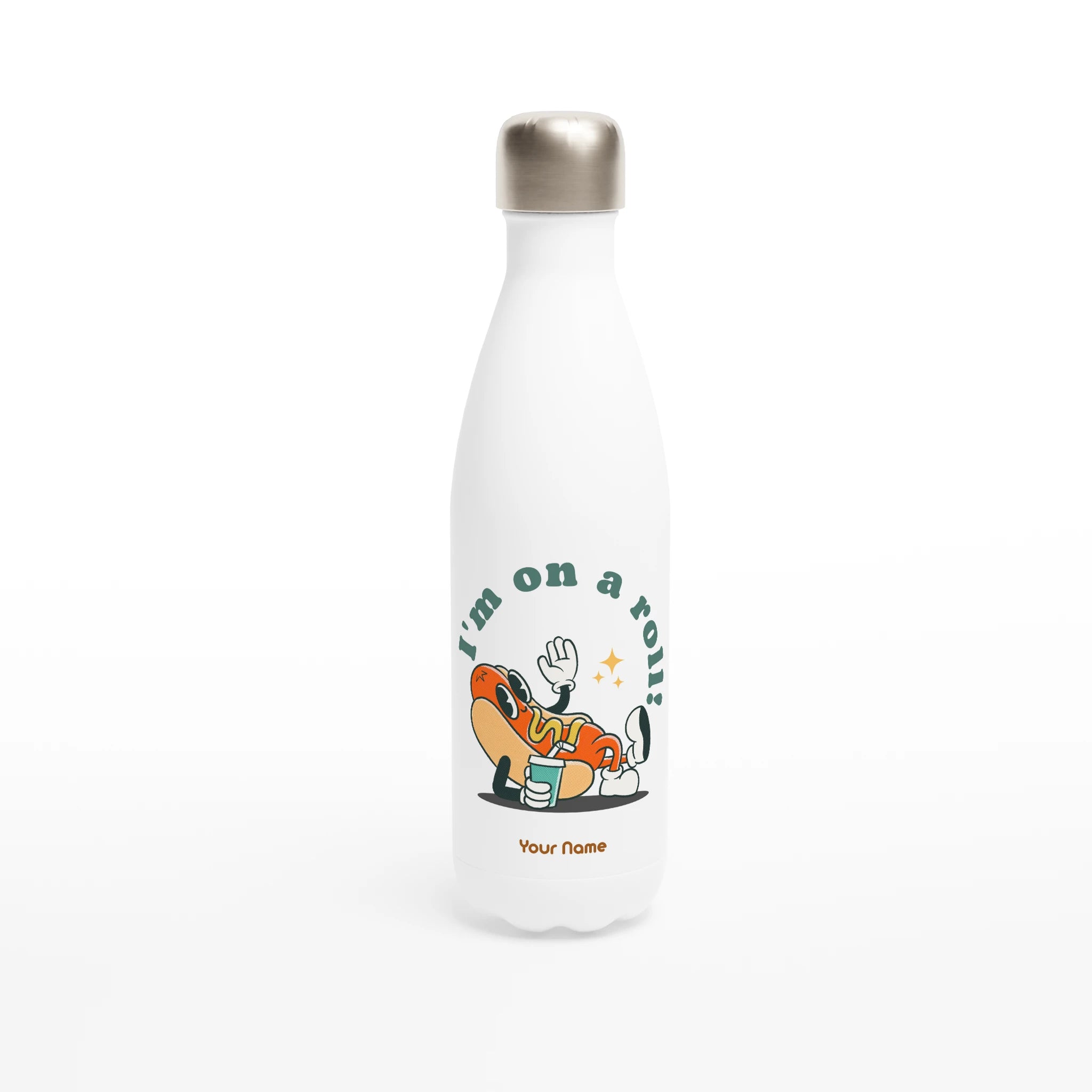 Personalised - Hotdog, I'm On A Roll - White 17oz Stainless Steel Water Bottle Default Title Personalised Water Bottle customise Food Globally Fulfilled personalise Retro