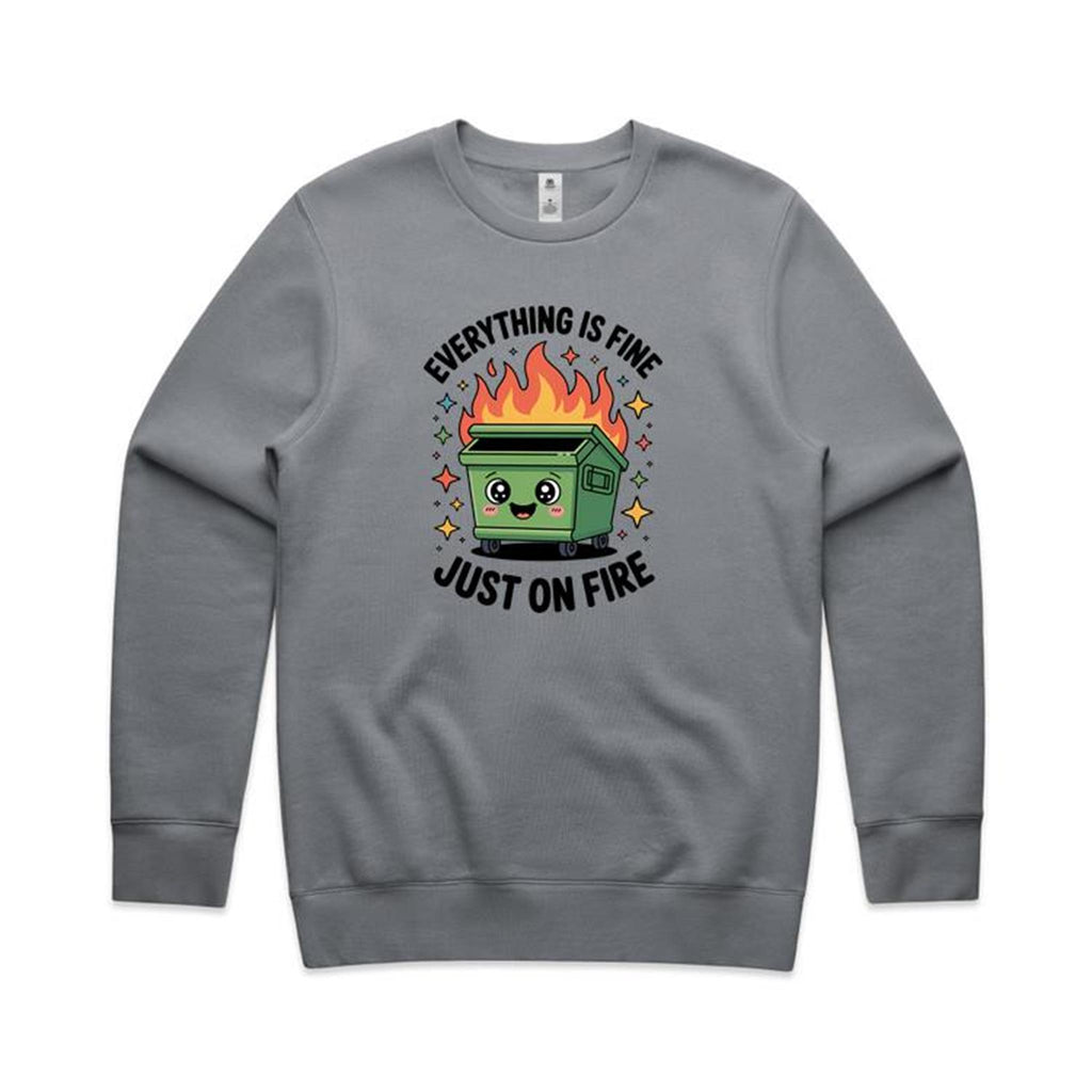 Skip Bin, Dumpster Fire AS Colour Stencil Crew Sweatshirt Unisex Gravel Sweatshirt Printed In Australia