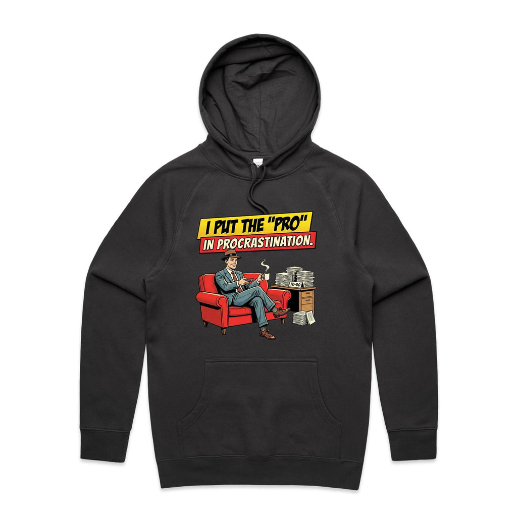 I Put The Pro In Procrastination, Retro Gentleman Men's AS Colour Hoodie Coal Mens Hoodie comic Printed In Australia