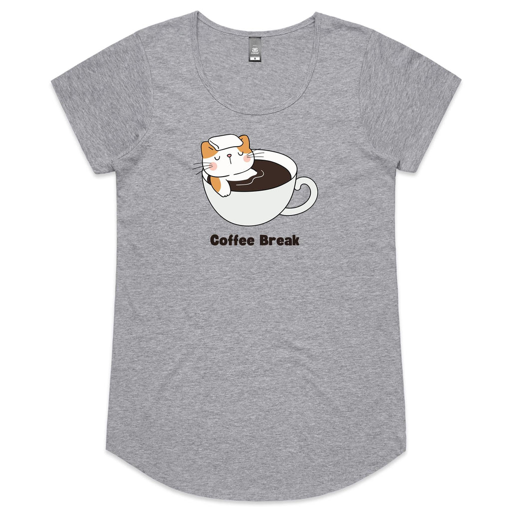 Cat Coffee Break - Womens Scoop Neck T-Shirt Grey Marle Womens Scoop Neck T-shirt animal Coffee Printed In Australia