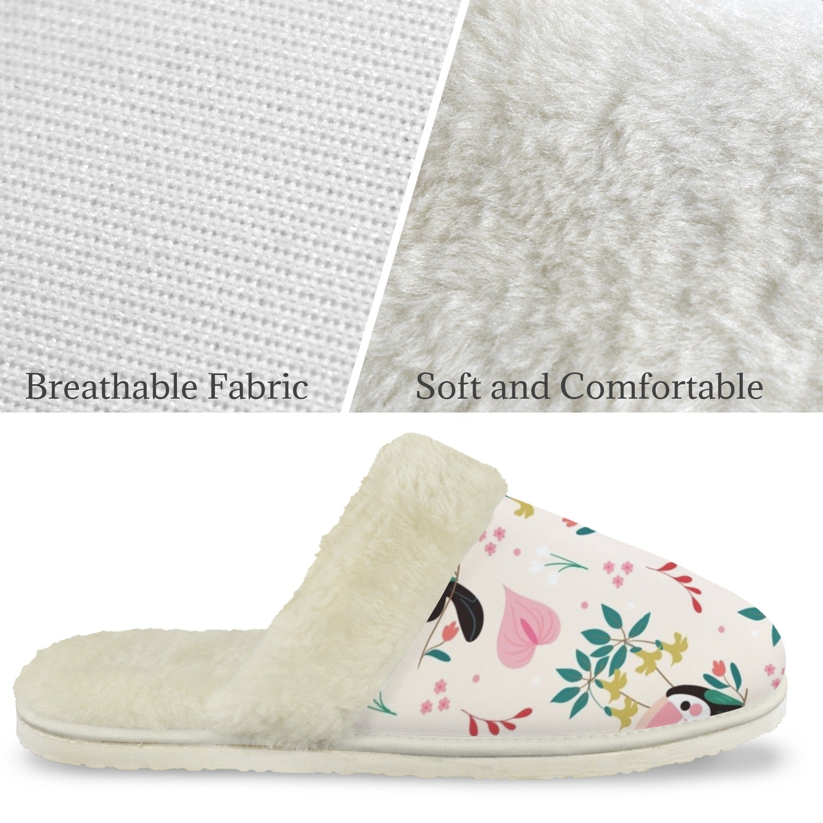 Toucans In Pink Women's Fur Trim Thick-Sole Indoor Slippers Women's Fur Trimmed Slippers animal Printed Offshore