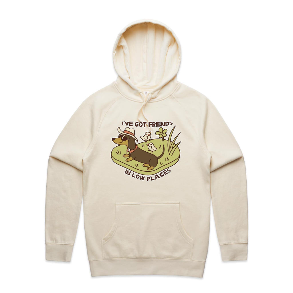 Dachshund, I've Got Friends In Low Places Men's AS Colour Hoodie Ecru Mens Hoodie animal Printed In Australia
