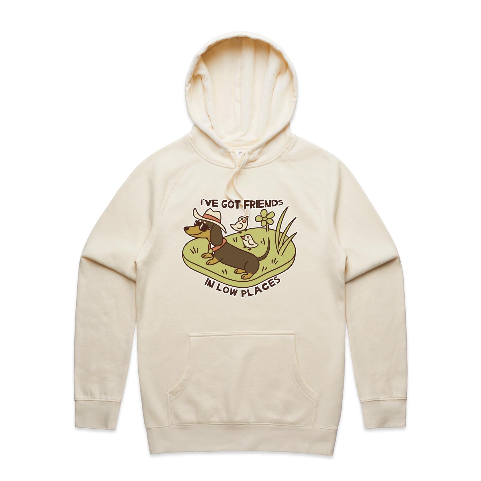 Dachshund, I've Got Friends In Low Places Men's AS Colour Hoodie Ecru Mens Hoodie animal Printed In Australia