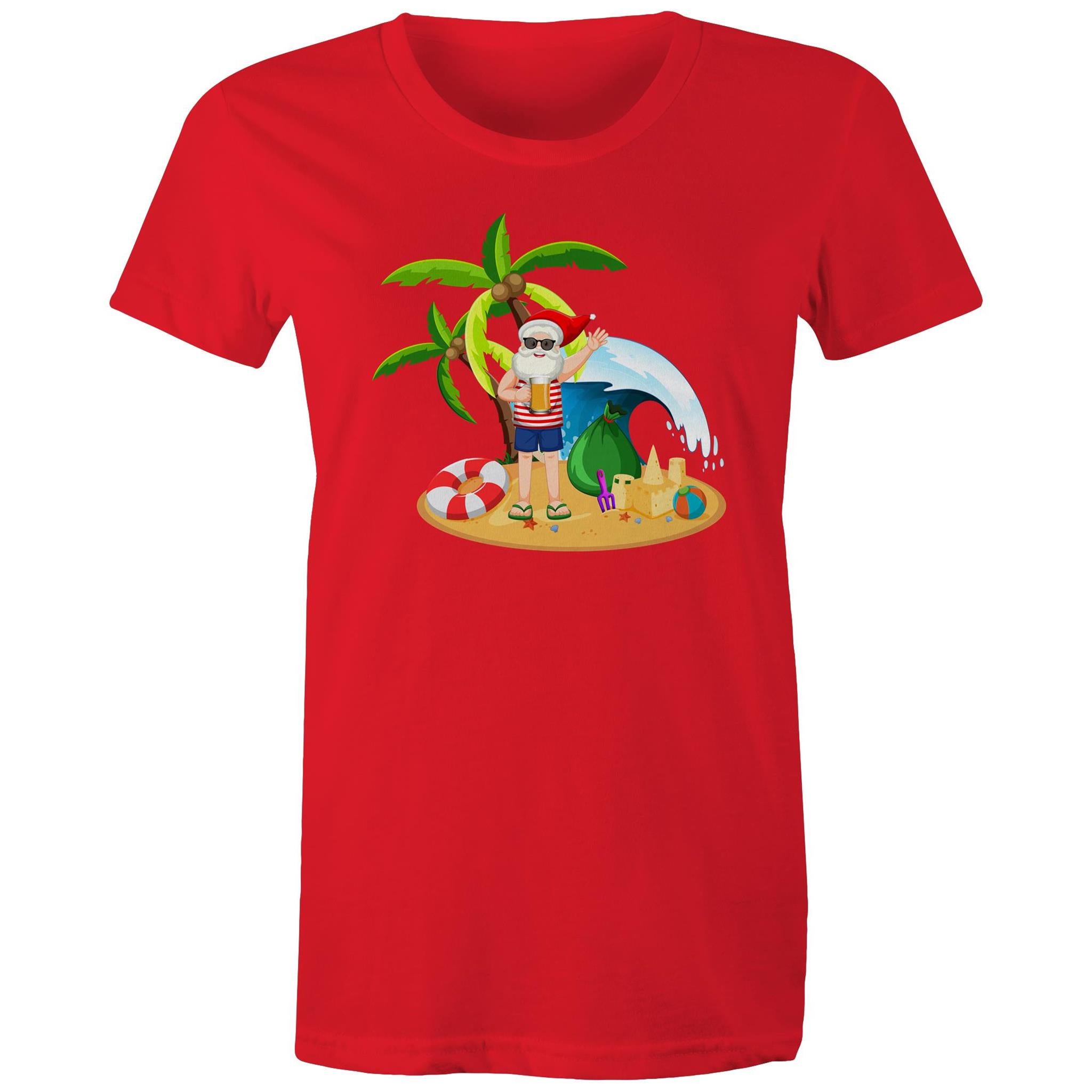Summer Surf Santa - Womens T-shirt Red Womens Christmas T-shirt Christmas Printed In Australia