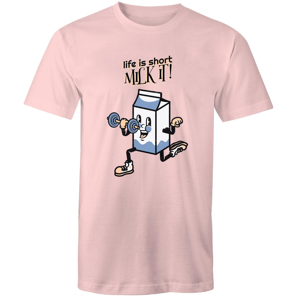 Life Is Short, Milk It - Mens T-Shirt Pink Mens T-shirt Motivation Printed In Australia
