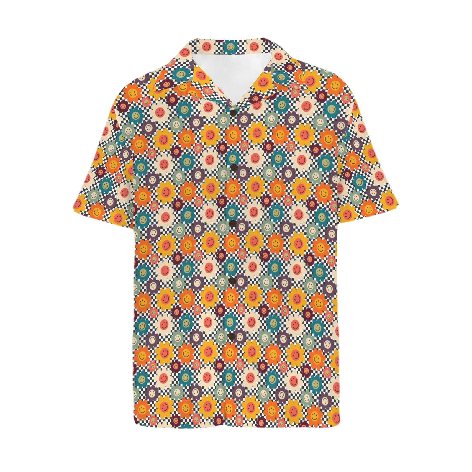 Happy Retro Flowers Men's Short Sleeve Hawaiian Shirt Men's Hawaiian Shirt (New) Printed Offshore Retro