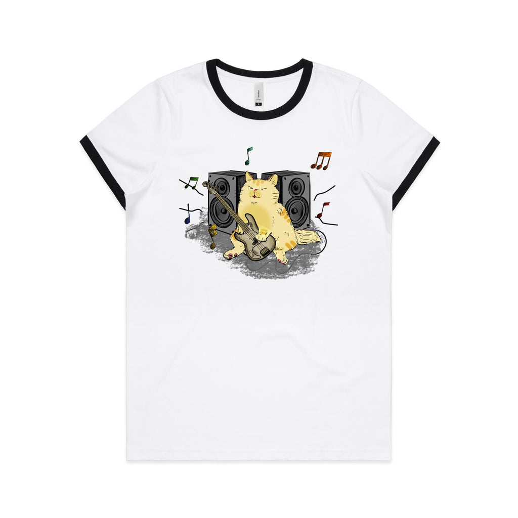 Cat Bass Player - Women's Ringer Tee White Black Womens Ringer T-shirt animal Music Printed In Australia