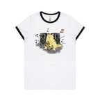 Cat Bass Player - Women's Ringer Tee White Black Womens Ringer T-shirt animal Music Printed In Australia
