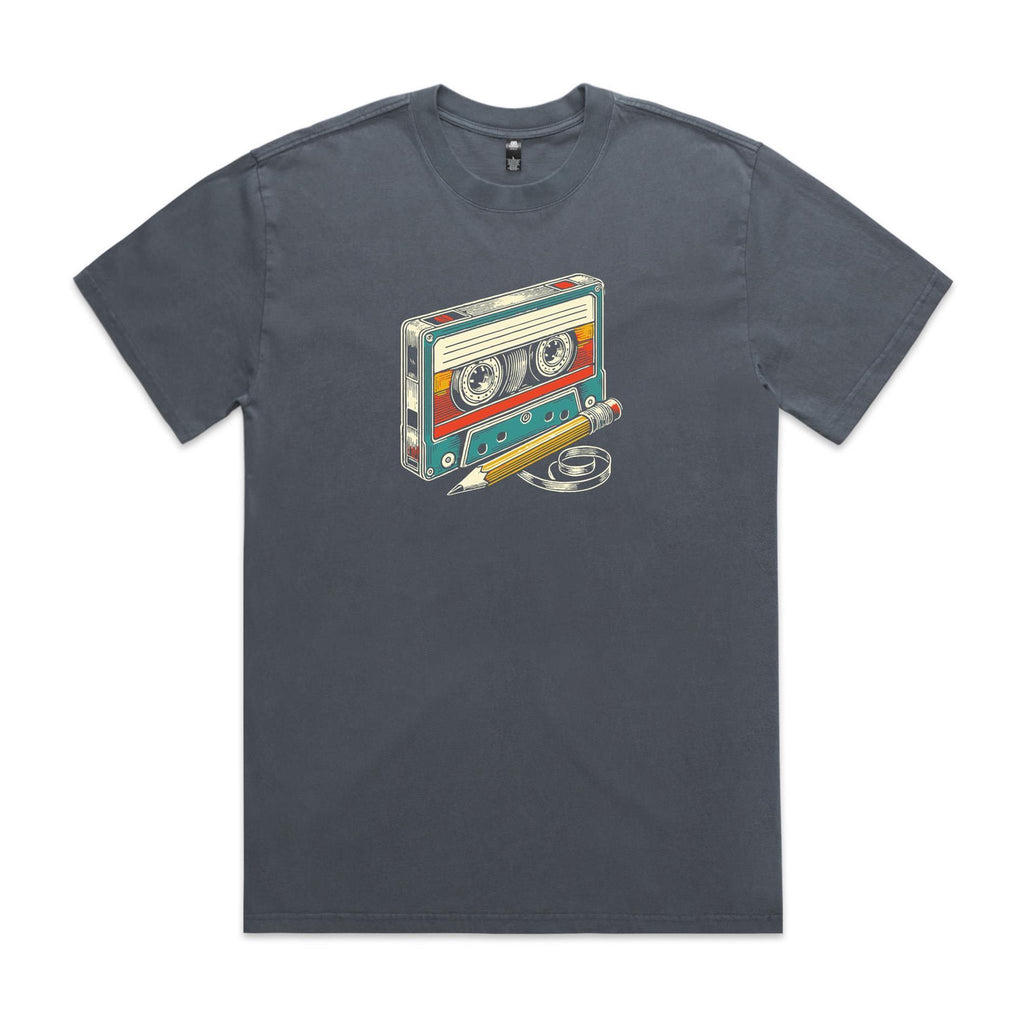 Cassette Tape And Pencil AS Colour Heavy Faded Tee Unisex Faded indigo Heavy Faded T-shirt Music Printed In Australia Retro