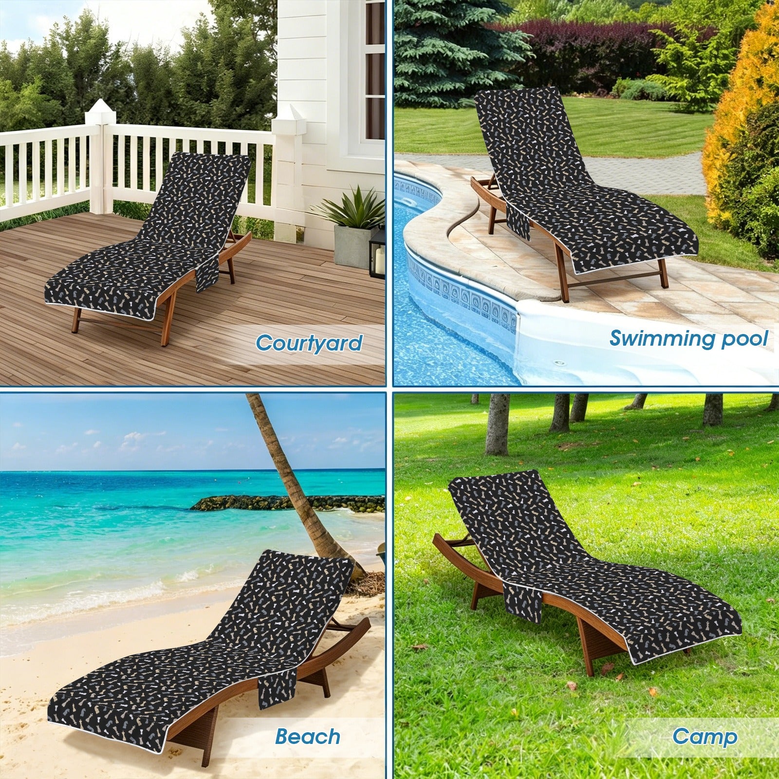 Chess Pattern Beach Chair Towel Cover with Side Pockets