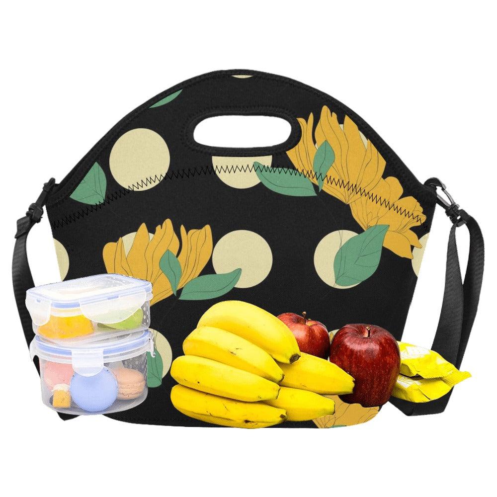 Yellow Flowers And Dots Neoprene Lunch Bag/Large (Model 1669) Neoprene Lunch Bag Plants Printed Offshore