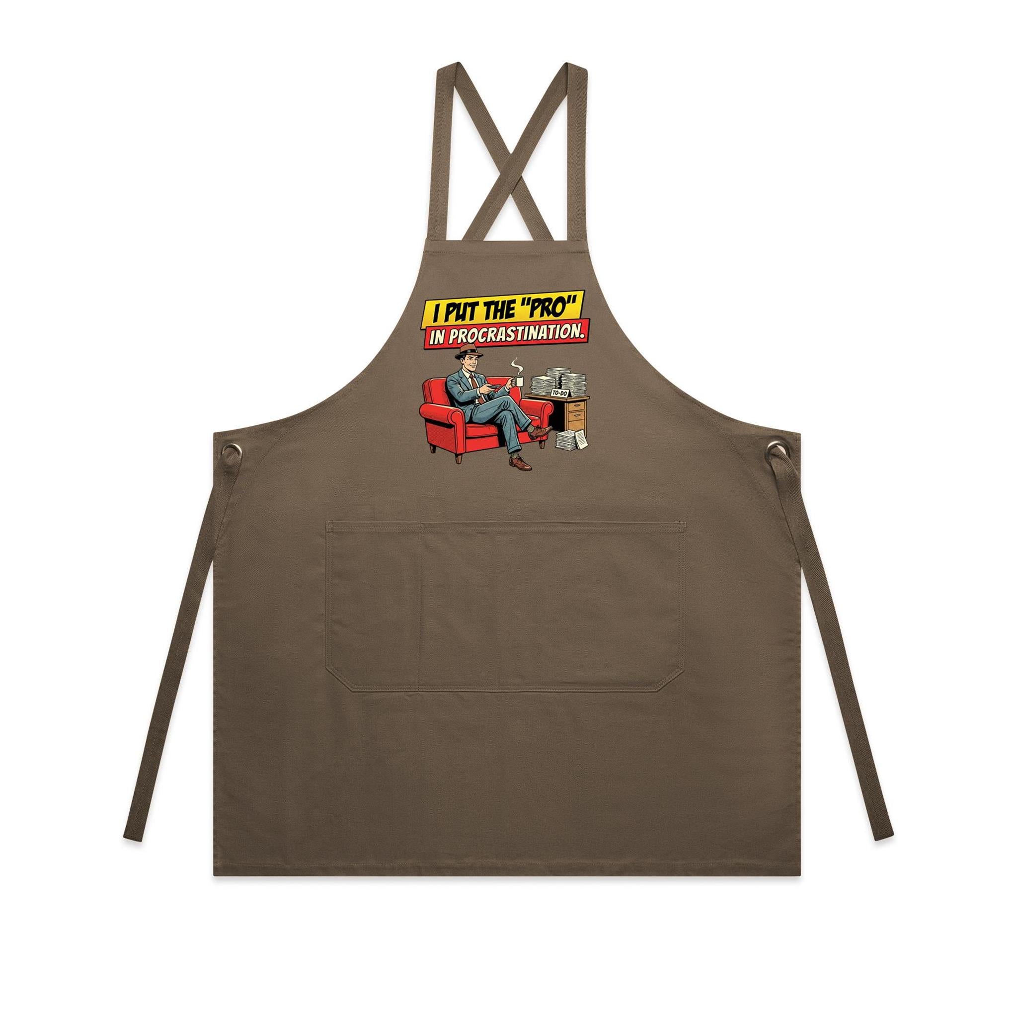 I Put The Pro In Procrastination, Retro Gentleman - AS Colour Carrie Apron Walnut One Size Apron comic Printed In Australia