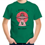 I Want To Be-Leaf, Alien, UFO - Kids Youth T-Shirt Kelly Green Kids Youth T-shirt Printed In Australia Sci Fi