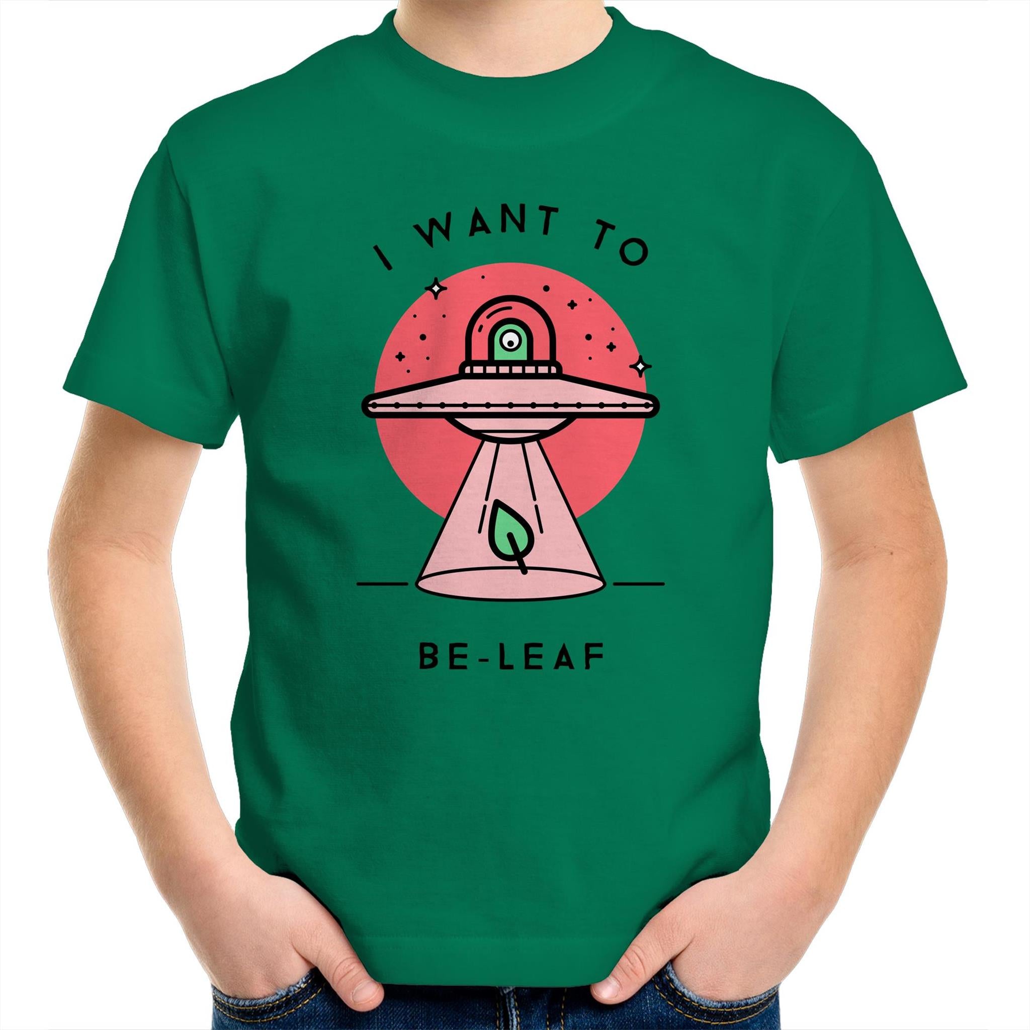 I Want To Be-Leaf, Alien, UFO - Kids Youth T-Shirt Kelly Green Kids Youth T-shirt Printed In Australia Sci Fi