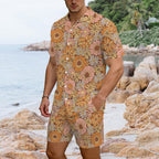 Orange Retro Floral Men's Hawaiian Shirt & Shorts Set