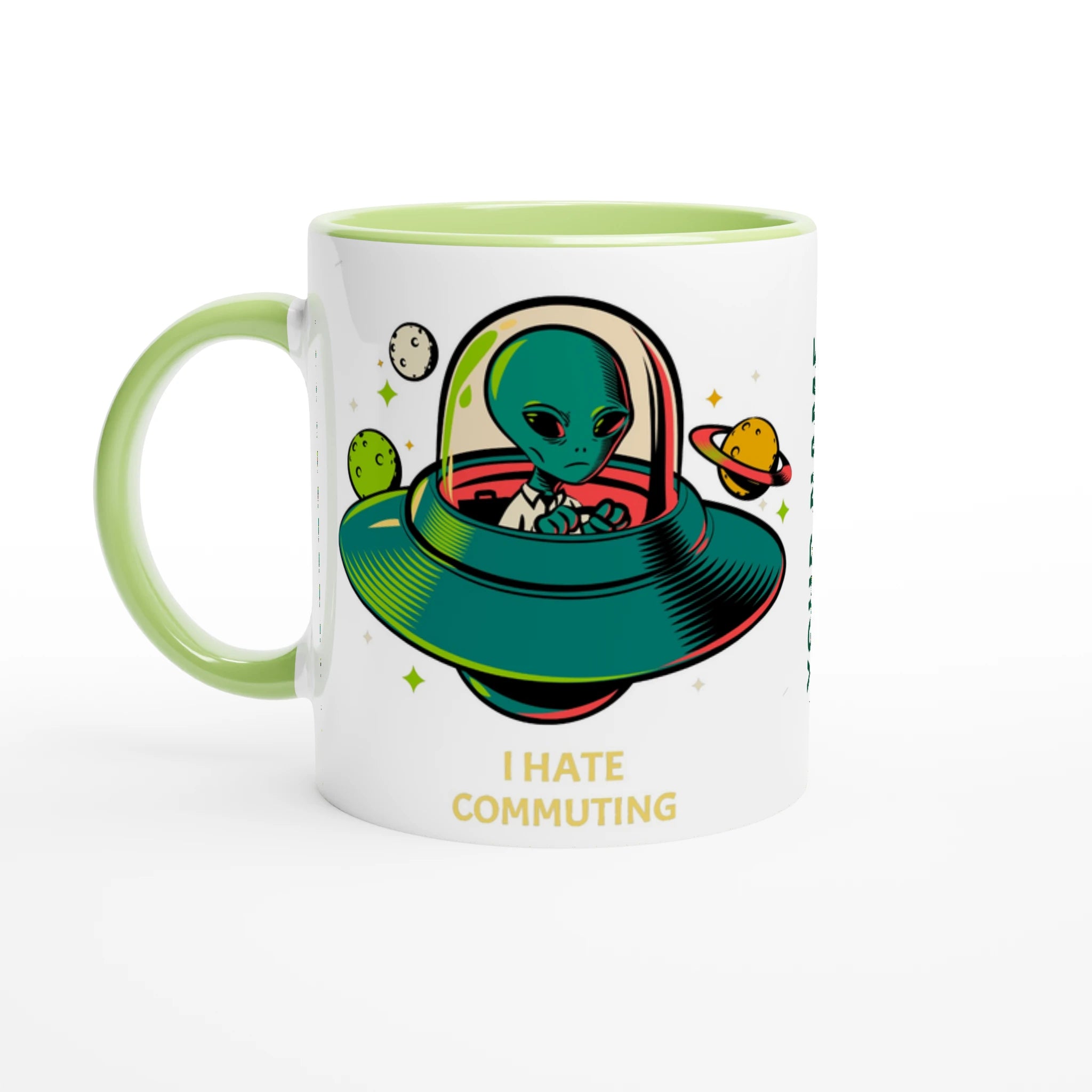 Personalise - Alien Commute, UFO - White 11oz Ceramic Mug Ceramic Green Personalised Mug customise Globally Fulfilled personalise Sci Fi