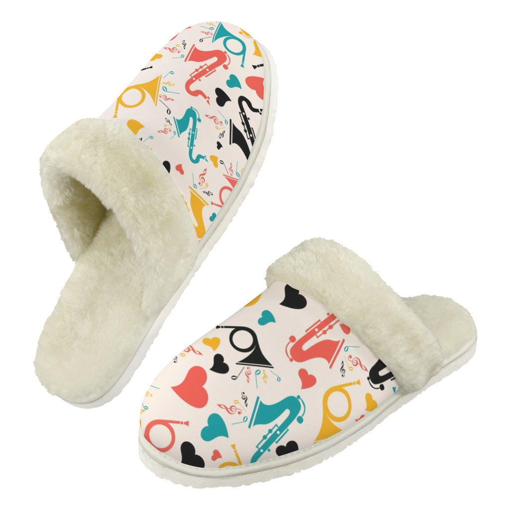 Brass Musical Instruments Men's Fur Trim Thick-Sole Indoor Slippers 2XL Men's Fur Trimmed Slippers Music Printed Offshore