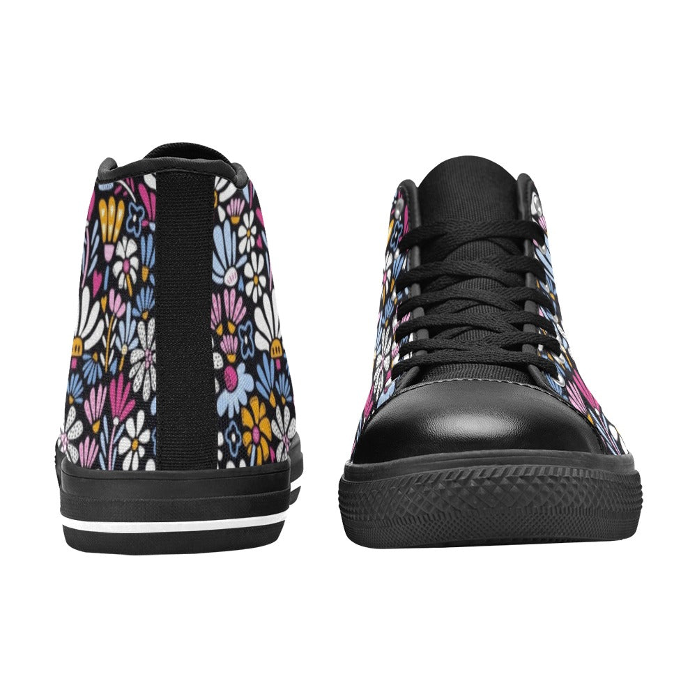 Graphic Flowers On Black Women's High Top Canvas Shoes Womens Classic High Top Shoes Plants Printed Offshore