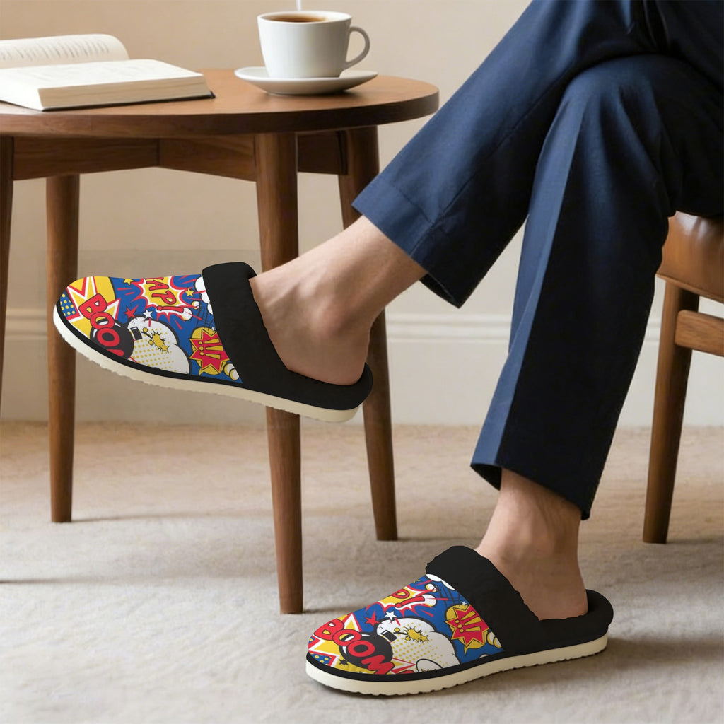 Blue Comic Book Men's Fur Trim Thick-Sole Indoor Slippers Men's Fur Trimmed Slippers comic Printed Offshore