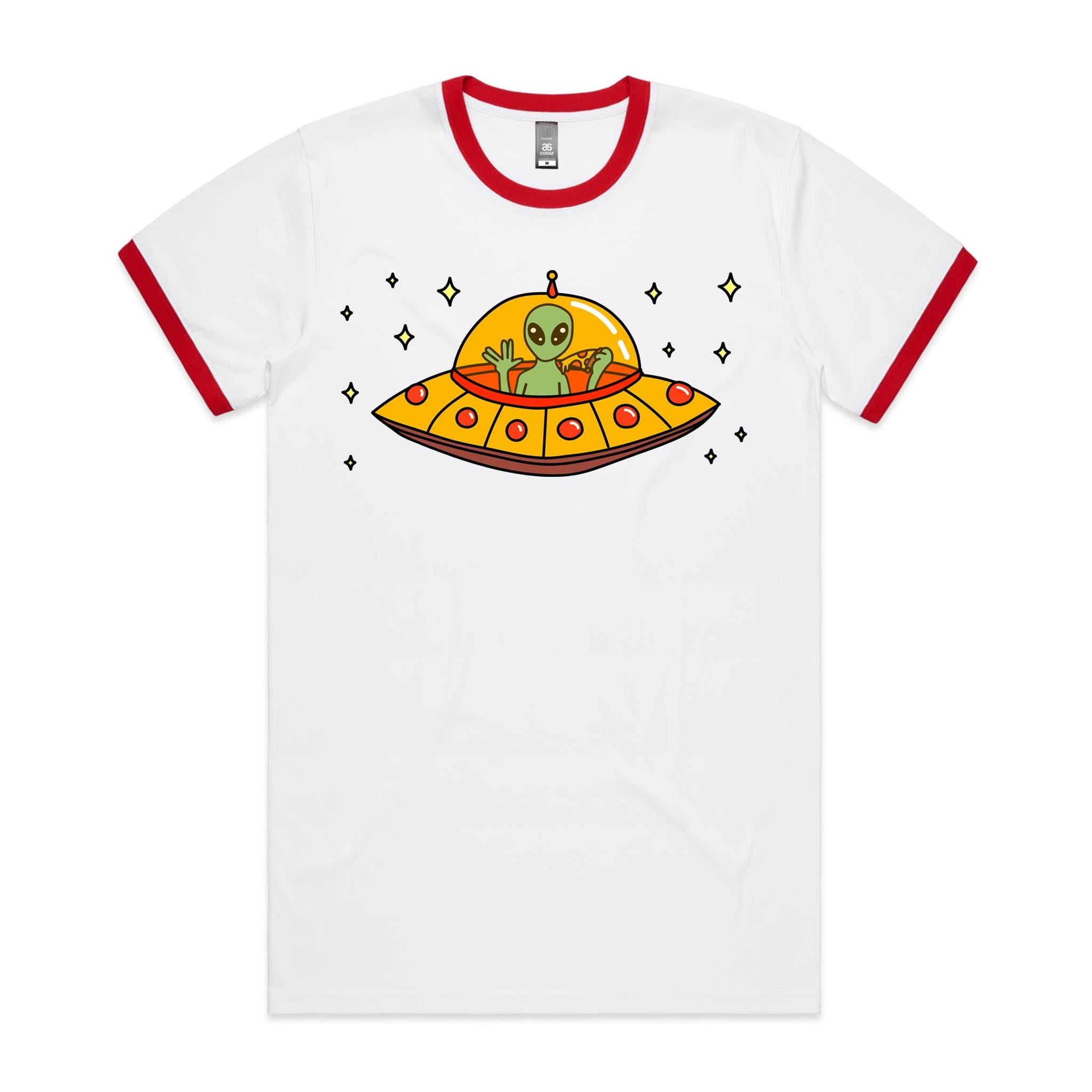 Alien Pizza, UFO - Staple Ringer Tee White Red Ringer T-Shirt Food Printed In Australia Sci Fi