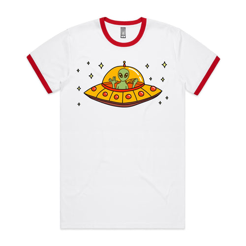 Alien Pizza, UFO - Staple Ringer Tee White Red Ringer T-Shirt Food Printed In Australia Sci Fi