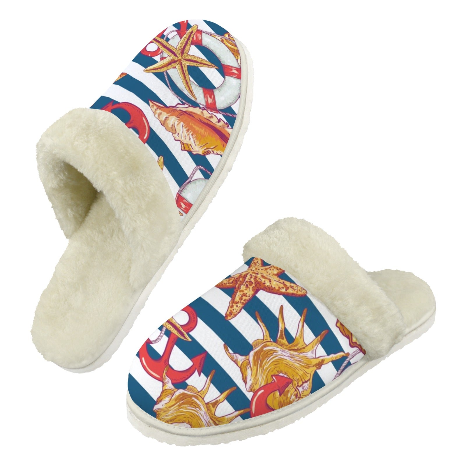 Life At Sea Men's Fur Trim Thick-Sole Indoor Slippers 2XL Men's Fur Trimmed Slippers Ocean Printed Offshore